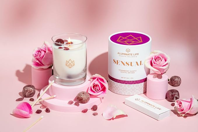 Luxury Glass Jar Candle, 14 OZ, Sensual - Strawberry Quartz Crystal Infused - Scents of Star Anise, Rose, Sichuan Pepper & White Musk - Coconut Wax, Essential Oils, Dr. Developed