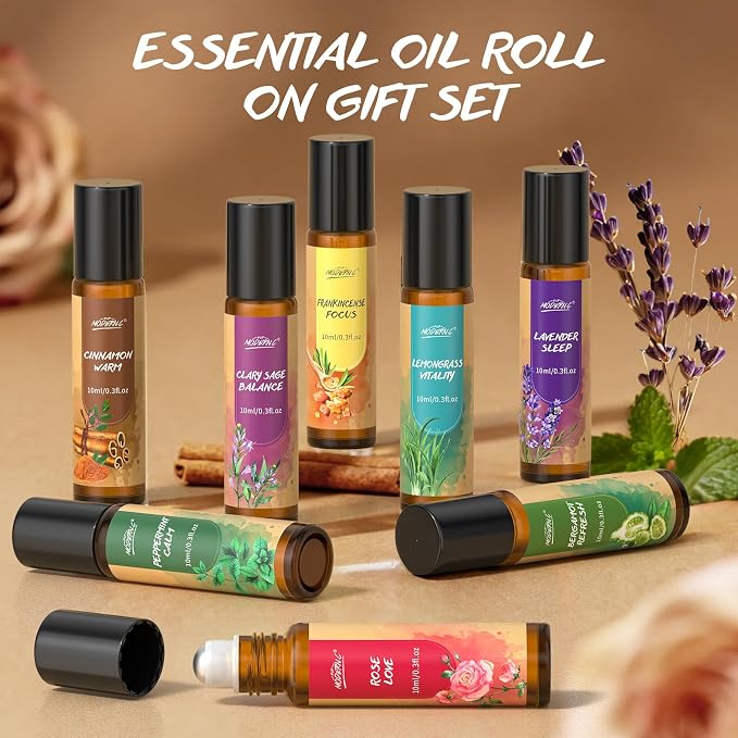 Essential Oils Roll On Set for Women 8pcs Essential Oil Roller for Skin Christmas Birthday Thanksgiving Mothers Day Gifts Lavender Frankincense Peppermint Bergamot Lemongrass Cinnamon Rose Clary Sage
