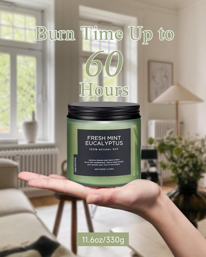 M&SENSE Eucalyptus & Mint Home Scented Candles, 11.6oz Organic Non Toxic Soy Candle, 70-Hour Long Burning, Aromatherapy Gifts for Stress Relief Relaxation Meditation, Natural Smelling for Men Women