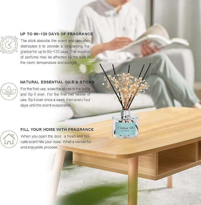 L'odeur Vill Reed Diffuser Set, 6.7 oz(200ml) Moroccan Amber Scented Diffuser with 6 Oil Diffuser Sticks, Home Fragrance Essential Oil Reed Diffuser for Home Large Rooms Bathroom Shelf Decor