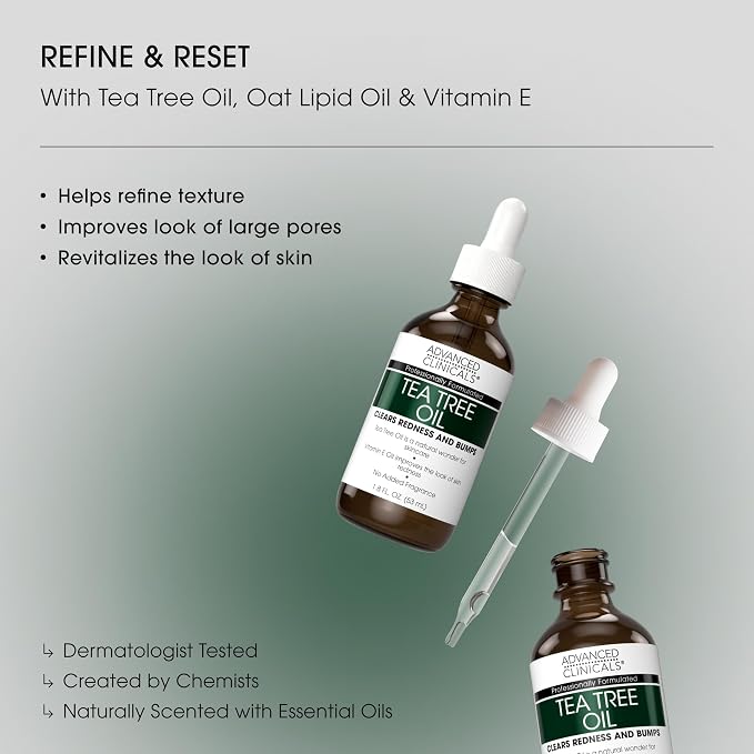 Advanced Clinicals Tea Tree Oil For Skin Facial Serum | Tea Tree Serum For Face With Vitamin E + Botanicals To Help Improve Appearance Of Large Pores & Skintone For Smoother Looking Skin, 1.8 Fl Oz