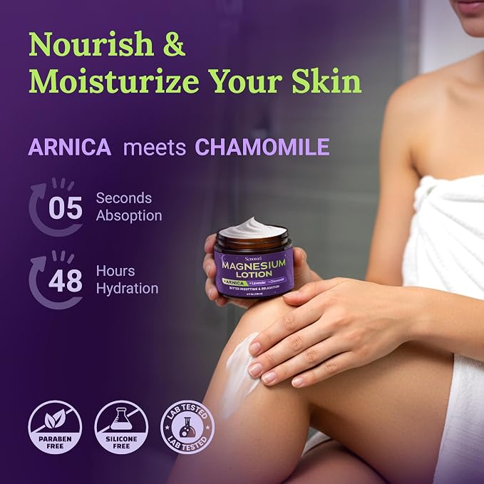 First Magnesium Lotion for Sleep with Restorative Minerals - Zinc, Calcium for x2 Relaxation -Arnica, Chamomile & Lavender Essential Oil, Nighttime Magnesium Cream, Relaxation Gifts for Women