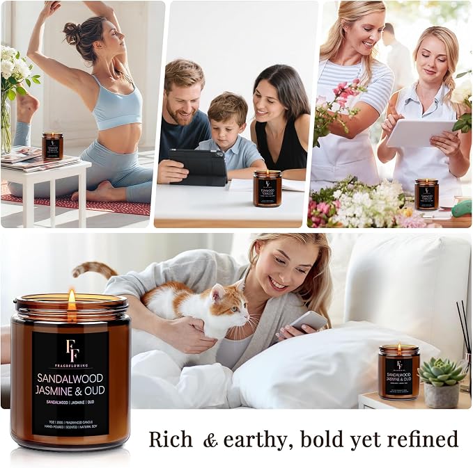 Sandalwood Jasmine Scented Candle for Home Soy Wax Candle, Aromatherapy Candle Gift for Women Men, 7oz