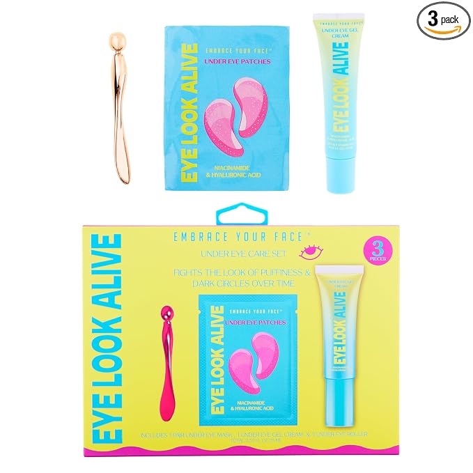 EXPRESSIONS 3pc Under Eye Care Set – Eye Look Alive Treatment Kit with Niacinamide & Hyaluronic Acid – Includes Under Eye Patches, Eye Gel Cream, and Metal Eye Roller Tool