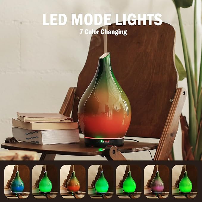 Porseme 280ml Essential Oil Diffuser Glass Color Changing Aroma Air Diffusers Aromatherapy Ultrasonic Cool Mist Humidifier 7 Running Hours Waterless Auto-Off for Sleeping Yoga Office Spa(Hulk Green)