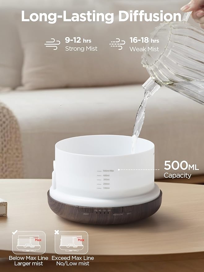 InnoGear Aromatherapy Diffuser & 10 Essential Oils Set, 500ml Essential Oil Diffuser with Remote Control Mother's Gift Ultrasonic Cool Mist Scent Humidifier Vaporizer Auto-Off Timer for Home, Brown