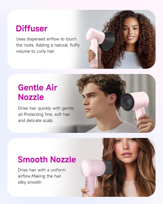 Professional Hair Dryer with Diffuser for Curly Hair, 400M Negative Ionic Blow Dryer for Fast Drying, 120,000 RPM High-Speed Brushless Motor, Low Noise Lightweight, Travel-Friendly (Pink)