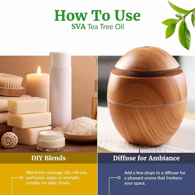 SVA Tea Tree Essential Oil Organic – 2 Fl Oz – 100% Natural Organic Tea Tree Oil - for Diffuser, Hair, Face, Skin Care, Aromatherapy, Scalp and Body Massage, Soap and Candle Making - with Dropper