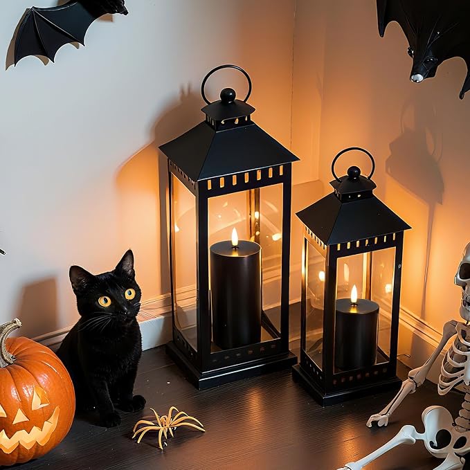 Homemory Halloween Black Flameless Candles Battery Operated with Remote Timer, Real Wax LED Pillar Candle for Halloween Decoration Indoor and Home Decor Gifts, H456, Set of 3