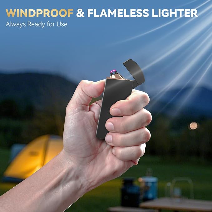 Coquimbo Fathers Day Dad Gifts for Men Him Husband from Daughter Son Wife, Electric Lighter USB Rechargeable Windproof Flameless Dual Arc Plasma Lighters for Candle Incense Camping (Black)