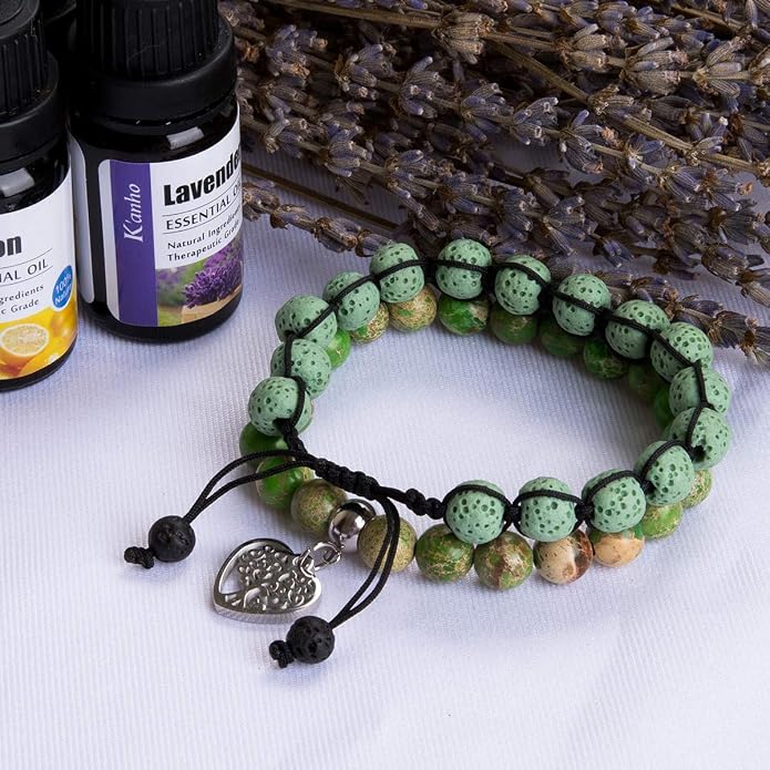 Bivei Life Tree Bracelet - Lava Stone Essential Oil Gemstone Beaded Yoga Meditation Regalite Stone Beach Charm Bracelet Set