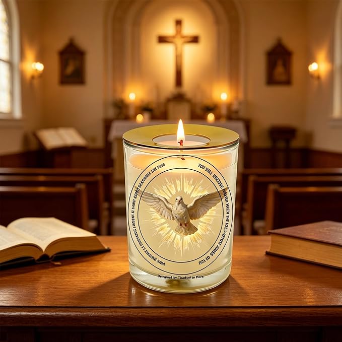 Holy Spirit Prayer Candle 50 Hours│Hand-Poured Natural Soy Wax│Spirit of Truth, Unifier of the Church, Spiritual Gifts, Advocate, Divine Person of the Trinity│Design in Paris│3“×3.6”