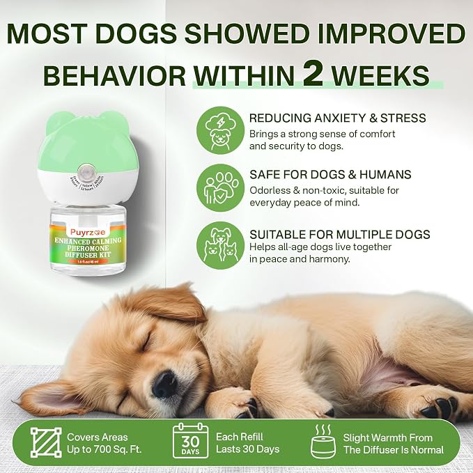 puyrzoe Dog Calming Diffuser with Timing Functions, 6-in-1 Dog Anxiety Relief Diffuser Kit, 120-Day Anxiety Relief, Stress Relaxation Pheromones Calming for All Dogs (2 Diffusers + 4 Refills)