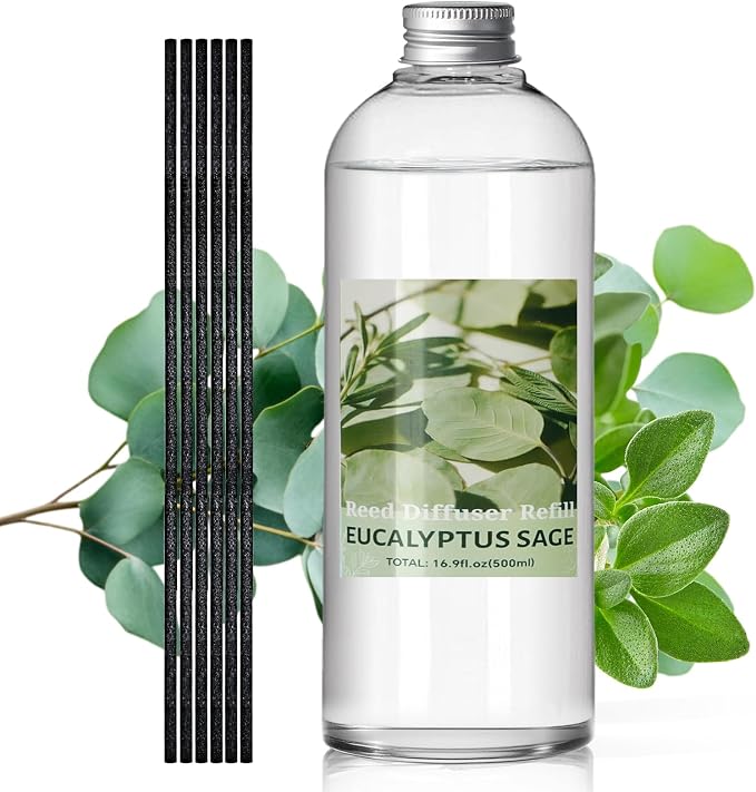 SCENTORINI Reed Diffuser Oil Refill, Eucalyptus Sage Diffuser Oil 16.9 Fl Oz, Natural Scented Essential Oil Refill Long Lasting Summer Home Fragrance for Large Space Room Spa Bathroom Home Decor