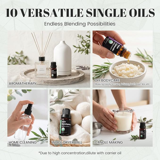 Organic Essential Oils Gift Set, Top 10x10ML-100% Pure Natural Aromatherapy for Diffusers, Humidifiers, Candle Making, Peppermint, Tea Tree, Lavender, Frankincense, Lemongrass, Eucalyptus & More