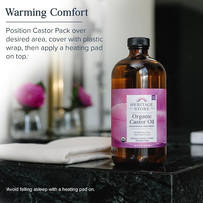 HERITAGE STORE Organic Castor Oil Pack Wrap Kit - Soothing Castor Oil Packs, Heat Compress for Abdomen, Joints, Overall Health - 16oz Cold Pressed Organic Castor Oil w/Pump, 12 x 27 in. Wool Flannel