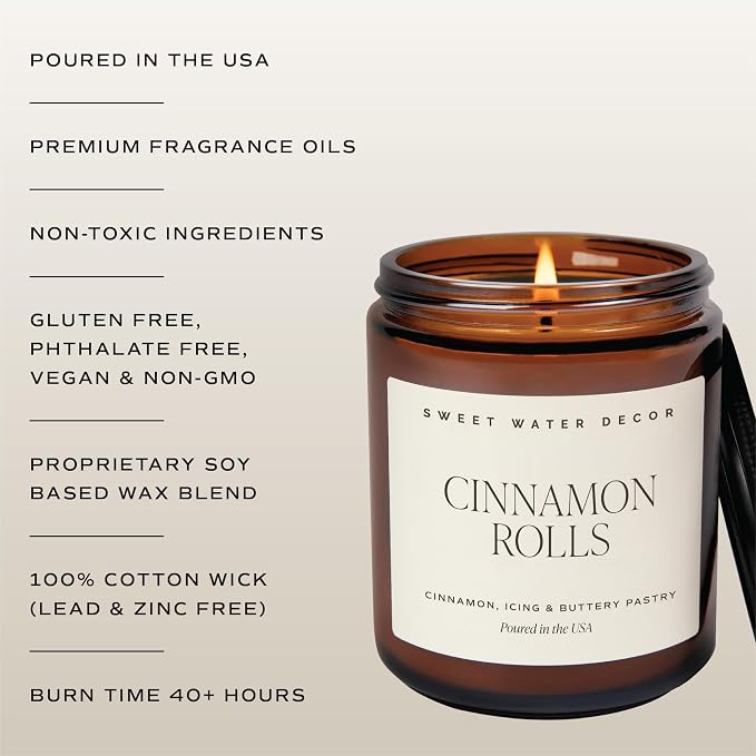 Sweet Water Decor Cinnamon Roll Candle - Fall Candle with Cinnamon, Icing & Buttery Pastry for Home - Soy Candles with 40 Hours Burn Time - 9Oz Black Lid Amber Jar Holiday Scents