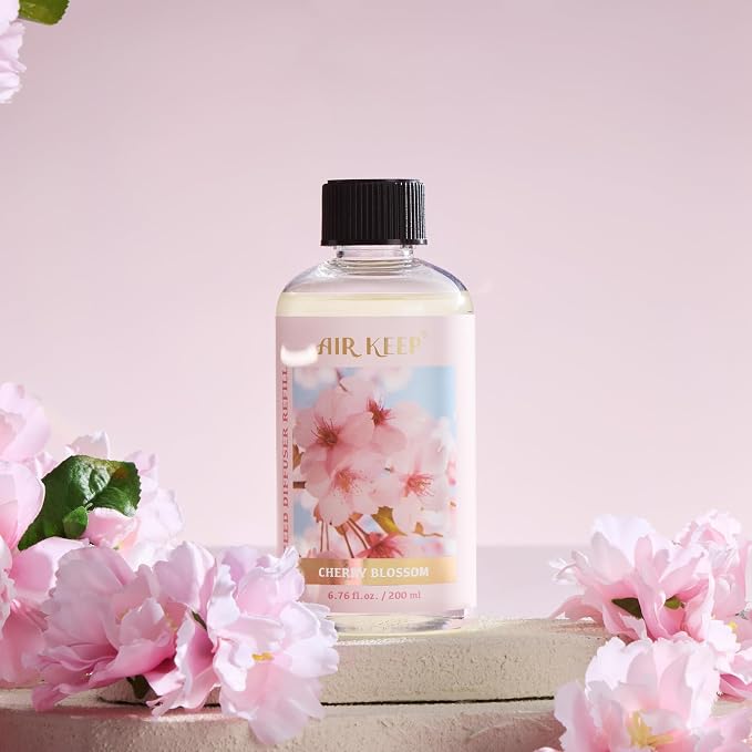Airkeep Reed Diffuser Oil Refill with Diffuser Sticks, 6.76 Fl Oz(200ml) Cherry Blossom Scented Oils, Aroma Therapy, Home Fragrance & Air Freshener, Office Décor, Decoration