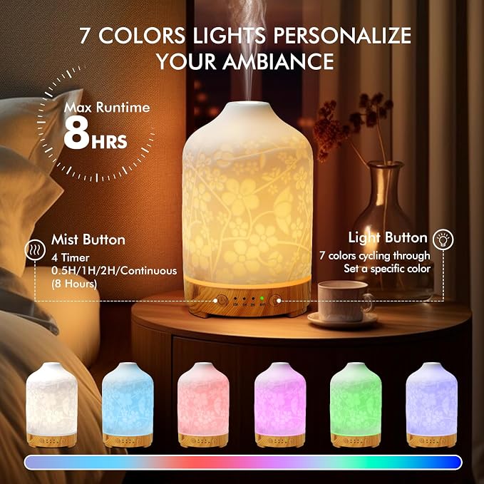 Essential Oil Diffuser Diffuser -Aromatherapy Diffuser for Essential Oils with Timer and 7 Colors LED Light Ultrasonic Diffuser with Auto Shut-Off, Home Office Decor&Gift (Blossom-150ml)