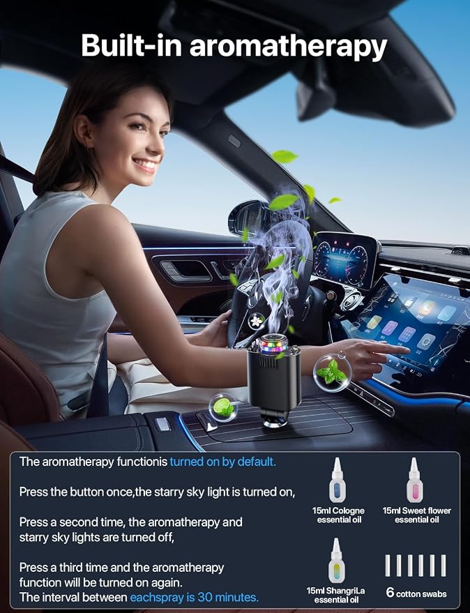 Aromatherapy 5 in 1 Retractable Car Charger with Starlight, USB C Car Charger Adapter and 2 USB Ports, Aroma Starry Sky Car Air Freshener Diffuser Fast Charging Compatible with iPhone 16 15 14 13 12
