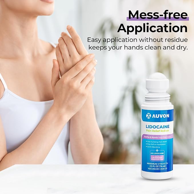 AUVON Max Strength Lidocaine Pain Relief Roll-On with Lavender Essential Oil, No Mess Applicator, Quick Absorbing to Numb & Soothe Pain Relief for Knees, Shoulders, 2.5 Oz, 2 Packs