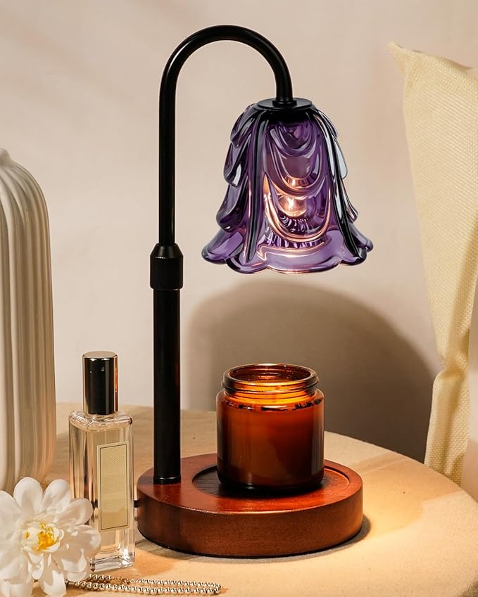 Small Candle Warmer Lamp with Timer, Adjustable Purple Lamp Warmer for Jar Candles, Unique Women Gifts for Birthday, Dimmable Candle Heater, Anniversary Day Gifts,Cute Wax Warming Light with Wood Base