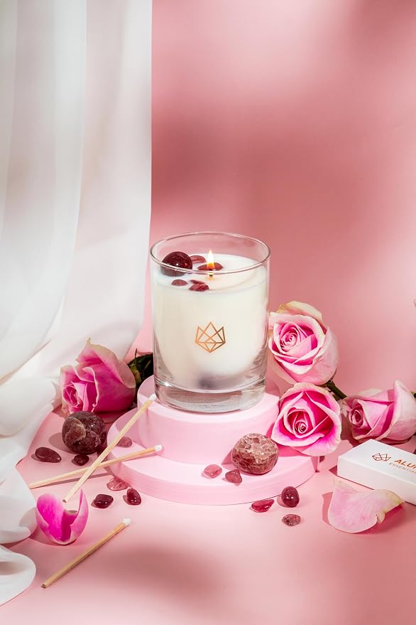 Luxury Glass Jar Candle, 14 OZ, Sensual - Strawberry Quartz Crystal Infused - Scents of Star Anise, Rose, Sichuan Pepper & White Musk - Coconut Wax, Essential Oils, Dr. Developed