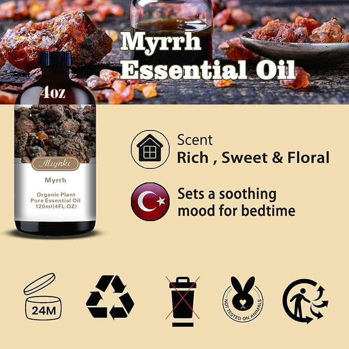 Myrrh Essential Oil, Myrrh Oil for Meditation, Diffuser, Humidifier, Massage, DIY Soap, Candle, Skin Care, Yoga, Gift Ready,Myrrh Fragrance Oil - MLYNKL Essential Oils (4.33 fl oz / 130ml)
