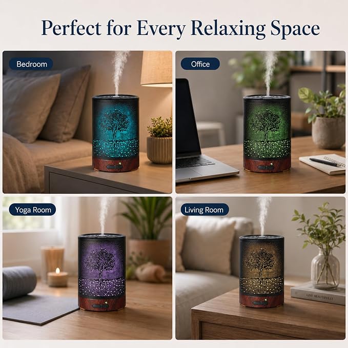Essential Oil Diffuser- Aromatherapy Diffuser with7 Colors Light and Auto-Off for Women Metal Cool Mist Humidifier for Home and Office for Mom Women(Tree)