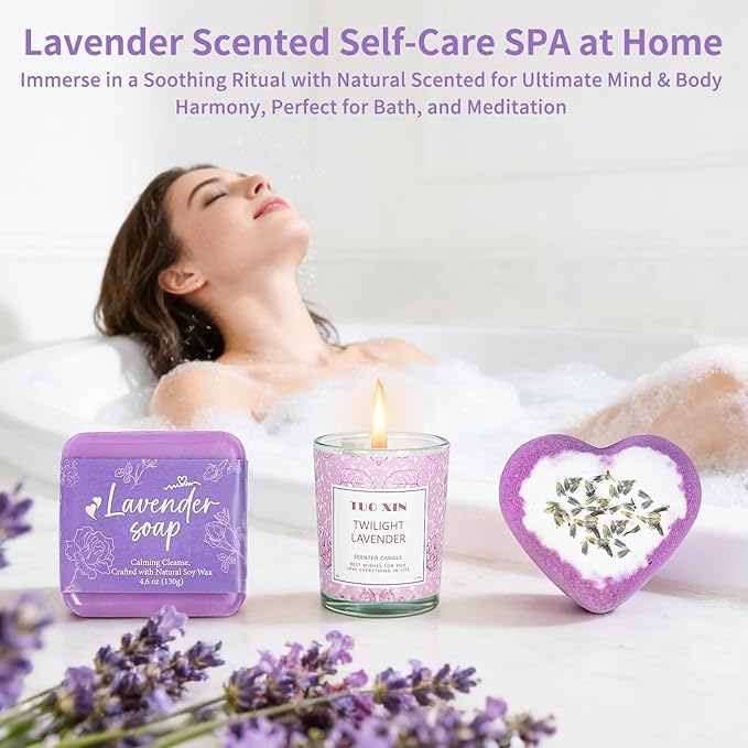 Birthday Gifts for Women, Self Care Gifts for Women, Lavender Spa Gift Basket Care Package for Her, 9-Piece Relaxing Gift Box with Tumbler, Candle, Eye Patches, Gift for Mom Wife Sister Girlfriend
