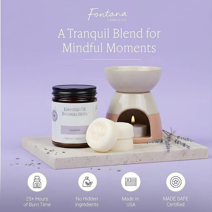 Fontana Candle Co. Non-Toxic Wax Melts, Lavender – Flameless, Gentle-Scented Wax Melts Safe for Sensitive Users – Made with Beeswax, Coconut & Pure Essential Oils, 3 Pucks for Any Warmers
