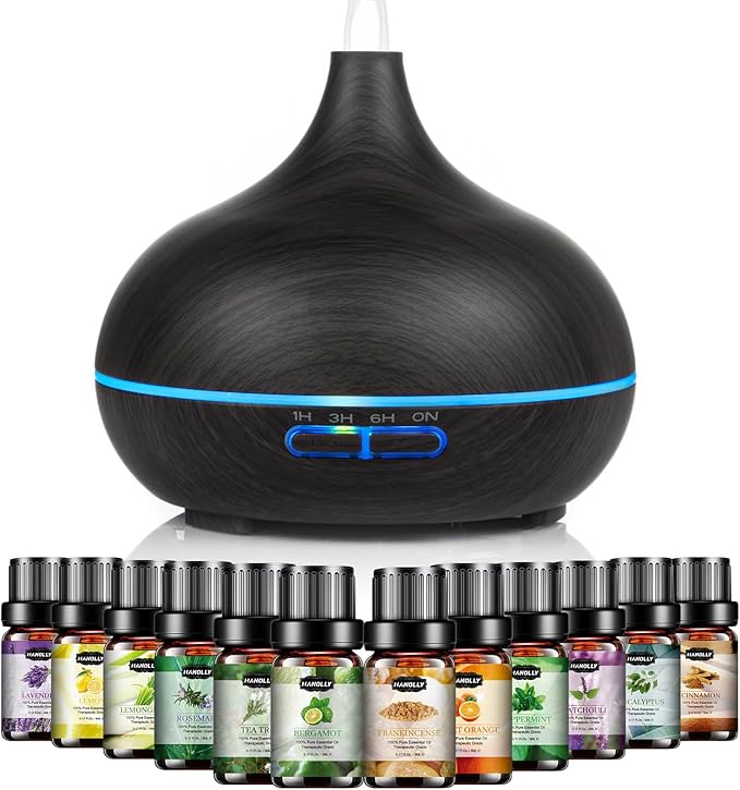 Hanolly Essential Oil Diffuser for Home, 500ML Aromatherapy Diffuser Humidifier with 12 Essential Oils, 7 Color LED Lights, Quiet Cool Mist Diffuser for Bedroom, Office