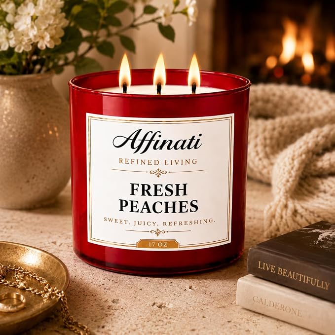 Affinati Fresh Peaches 3-Wick Scented Candle – Large Soy Blend Candle, Strong Scent Throw Sweet Vibrant Summer Orchard Fruit Candle, Premium Room Odor Eliminator