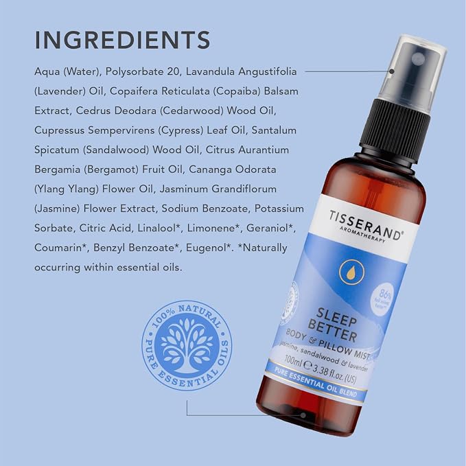 Tisserand Aromatherapy | Sleep Pillow Mist for Body & Room Contains a Soothing Blend of Pure Essential Oils Including, Jasmine, Sandalwood & Lavender | 100% Pure Essential Oil Blend | 3.38 fl. oz.