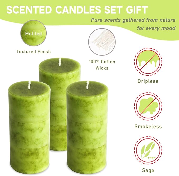 Sage Scented Candles - 3x6 Inch Green Pillar Candles Hand-Poured Long Lasting Burn Time Dripless Large Aromatherapy Candles for Home Scented Cleansing House Bathroom Relaxation Spa Church