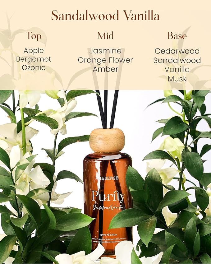 M&SENSE Sandalwood Vanilla Reed Diffuser: Upgraded Formula 6.3 fl oz Non-Toxic Aroma Set with Sticks, Long-Lasting Natural Essential Oil Gifts for Home, Bedroom