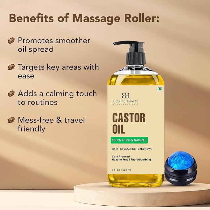 Botanic Hearth Castor Oil 8 Fl Oz| 100% Pure & Natural, Cold Pressed |For Hair, Eyelashes & Eyebrows | Hexane Free, Fast Absorbing | with Massage Roller Ball