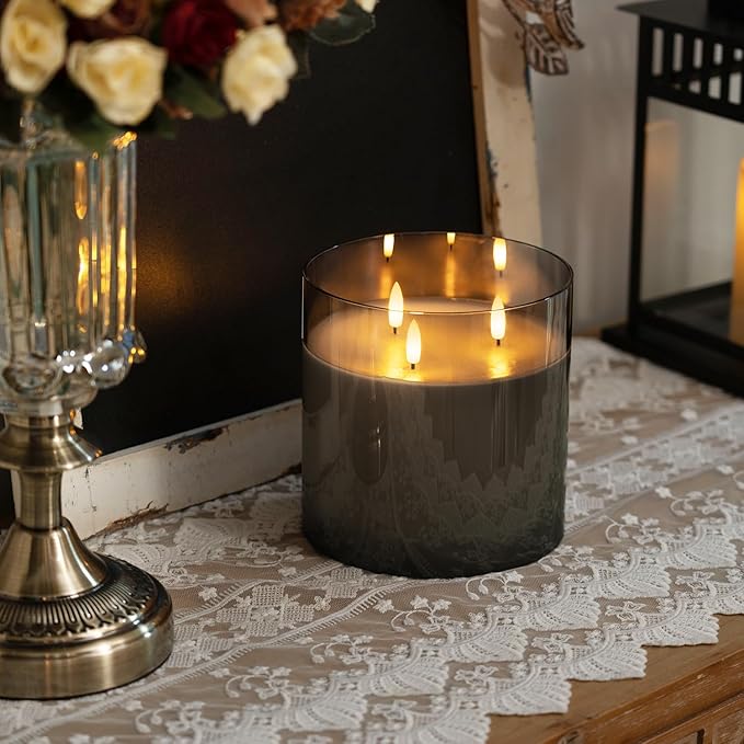 Homemory 6X6'' Extra Large Flameless Candle with 3 Wicks, Glass LED Pillar Candle, Real Wax Battery Operated Candle with Remote Control and Timer, Grey