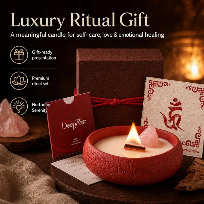DEEP FLOW Rose Quartz Love Energy Candle - Soft Peach Floral Scent, Luxury Scented Candle with Healing Crystals for Self-Care & Romance (Nurturing Serenity)