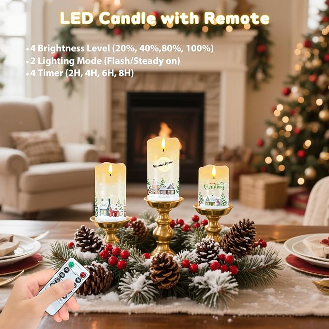VEEKI Christmas Flameless Candles, Set of 2 Flickering Snow House LED Candles with Remote & Timer, Real Wax Pillar Candles Battery Operated, Electric Candles Light for Home Christmas Decor