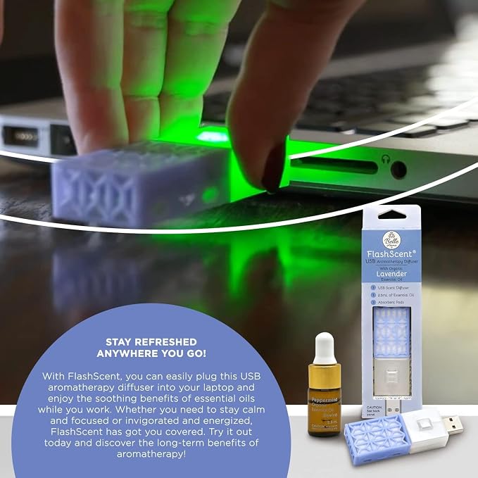 Belle Aroma® FlashScent™ USB Aromatherapy Bundle - for Car, Office, Home, and Travel - Includes 1 Serenity Blue Lavender Oil Diffuser Kit, 1 FlashScent Lavender Essential Oil, and 7 Refill Pads