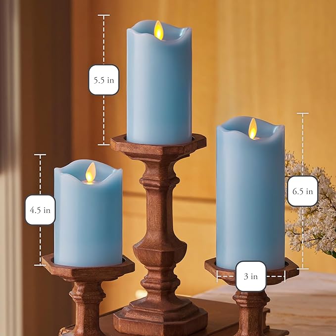 Matchless Candle Co. by Luminara Set of 3 (3" x 4.5",5.5",6.5") Flameless LED Flickering Battery Candle Moving Flame Pillar, Melted Edge, Real Wax Smooth Finish (Pastel Blue)