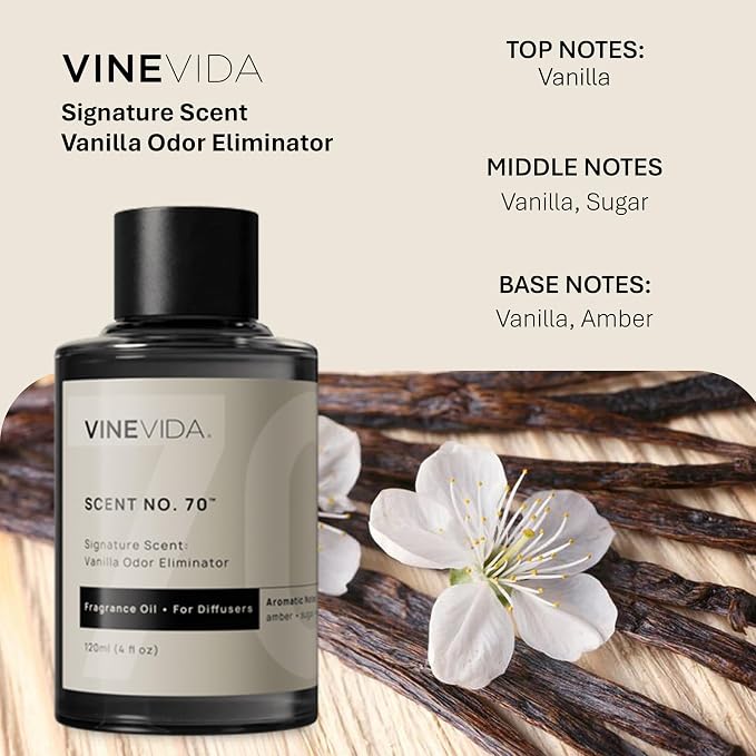 VINEVIDA [4 Fl Oz] Vanilla Odor Eliminator Fragrance Oil for Cold Air Diffusers, Essential Oils for Diffuser Oil Refill & Air Freshener Room Spray.