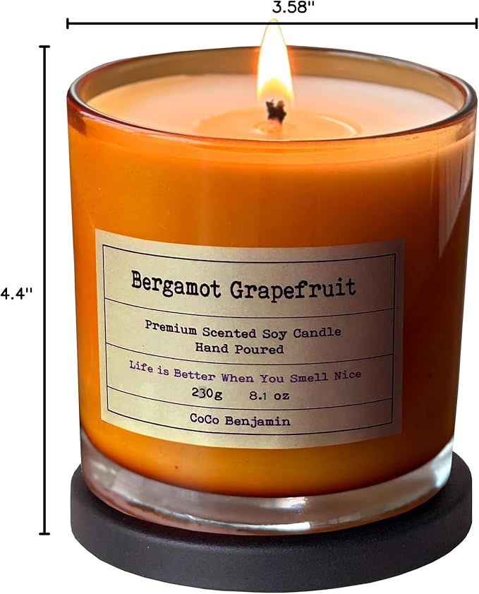100% Natural Soy Wax Candle by CoCo Benjamin - Highly Scented & Hand-Poured Luxury Candle (Bergamot Grapefruit)- Clean Burning Cotton Wick