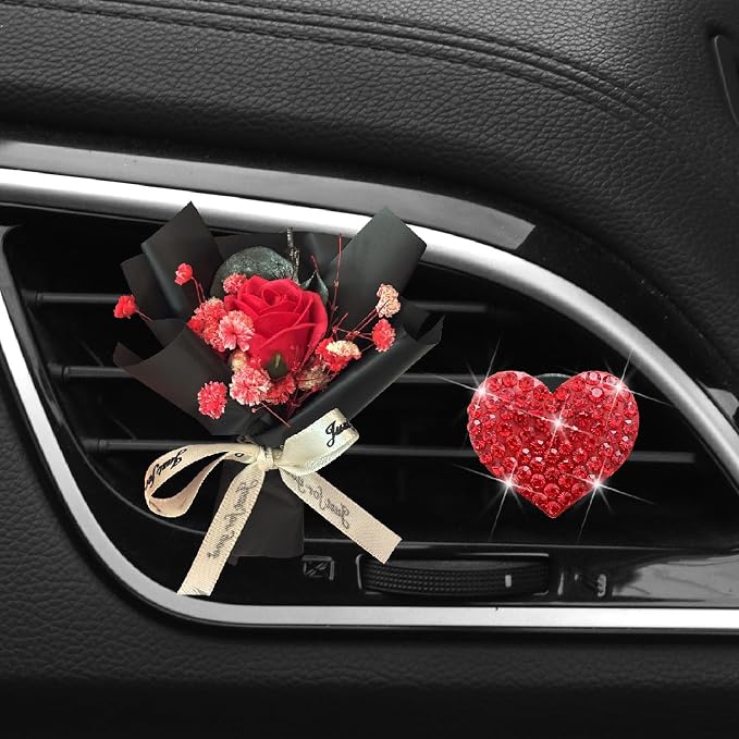 Mini Dried Flowers + Heart Car Vent Clips-Decorative Air Outlet Bouquets with Floral Scent,Fragrance Diffusers for Vehicle Interior Decor,Automotive Air Freshener Decorations (Red, Random fragrance)