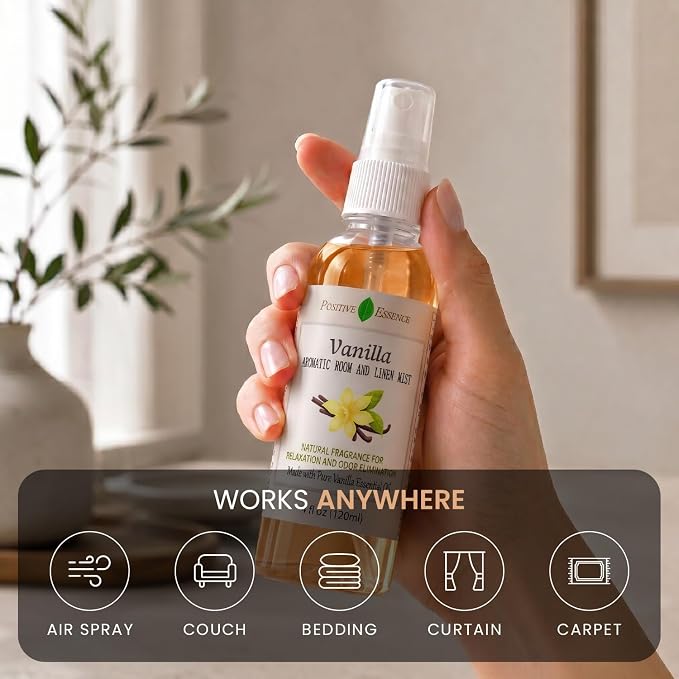 Vanilla Linen and Room Spray, Natural Home Fragrance Made with Pure Vanilla Essential Oil, Perfect Bathroom Air Freshener or Linen Spray