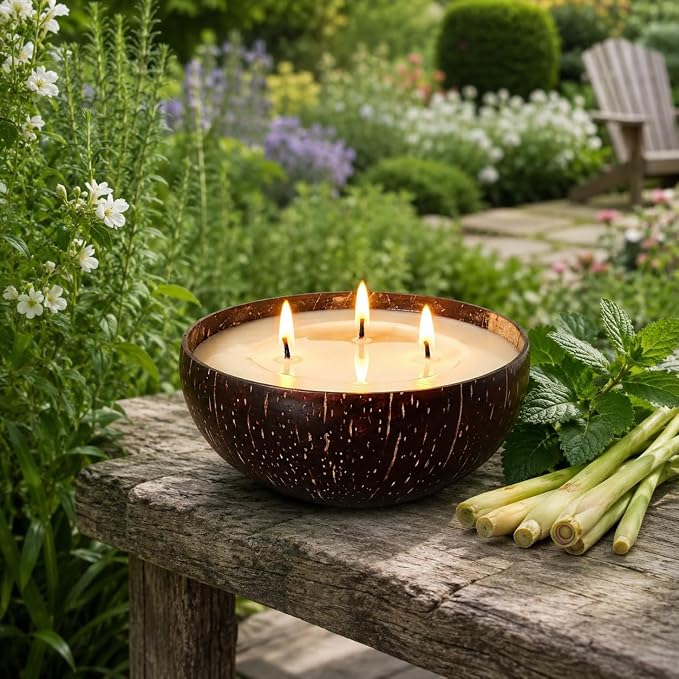 Viyffo Large Lemongrass Citronella Candles Outdoor, 3 Wick 18oz Citronella Candle Indoor, Non Toxic Soy Scented Candle, Natural Coconut Shell Jar for Patio, Garden, Backyard & Camping Décor & Gift
