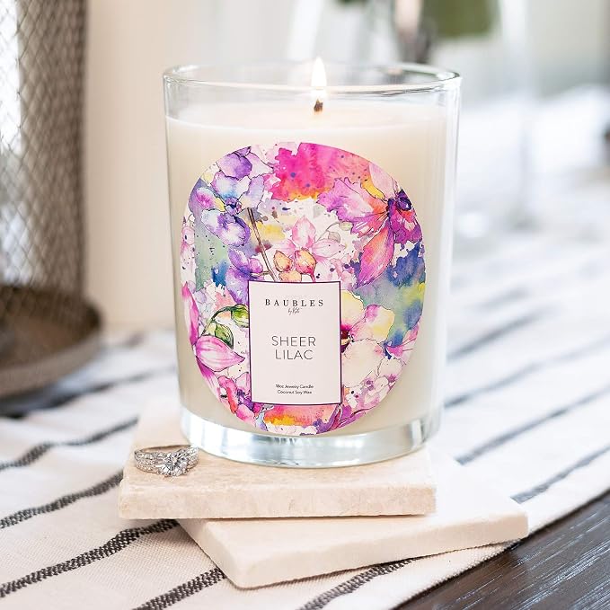 Kate Bissett Baubles Sheer Lilac Scented Premium Candle and Jewelry with Surprise Ring Inside | 18 oz Large Candle | Made in USA | Parrafin Free | Size 09
