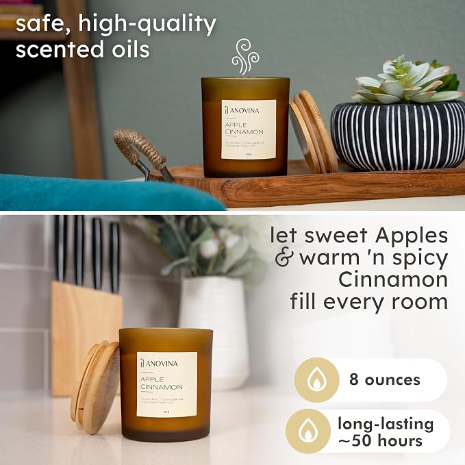 Anovina Apple Cinnamon Candles – Cozy Apple & Cinnamon Scented Candle – Non-Toxic Soy Wax, Long-Lasting Fall & Christmas Home Décor, Holiday Gifts for Women & Home Fragrance