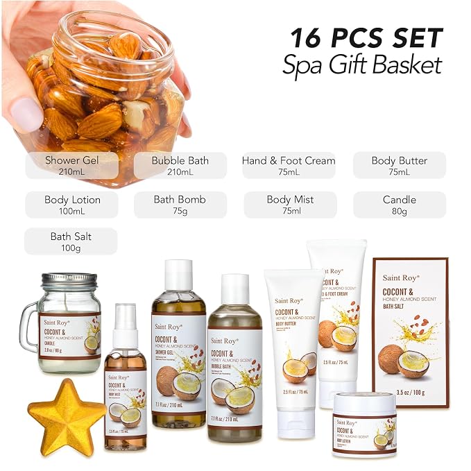 26Pc Bath and Body Gift Basket Set, Coconut Honey Almond Self Care Kit | Spa Gift Basket, Bath Gift Set Skin Care Gift for Fathers Day, Birthday, Christmas, Mother, Bridal Shower, Anniversary